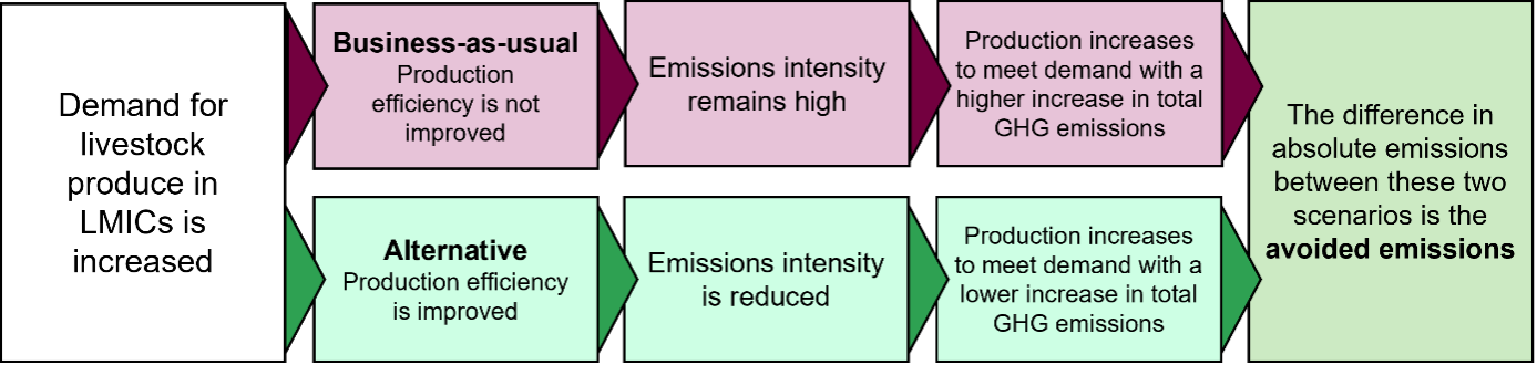 A flowchart showing how increasing demand for livestock produce can lead to two outcomes. One pathway is Business-as-usual, where production efficiency is not improve, emissions intensity remains high, and production increases to meet demand with a higher increase in total GHG emissions. The alternative pathway shows production efficiency improving, emissions intensity is reduced, and production increases to meet demand with a lower increase in total GHG emissions. 
